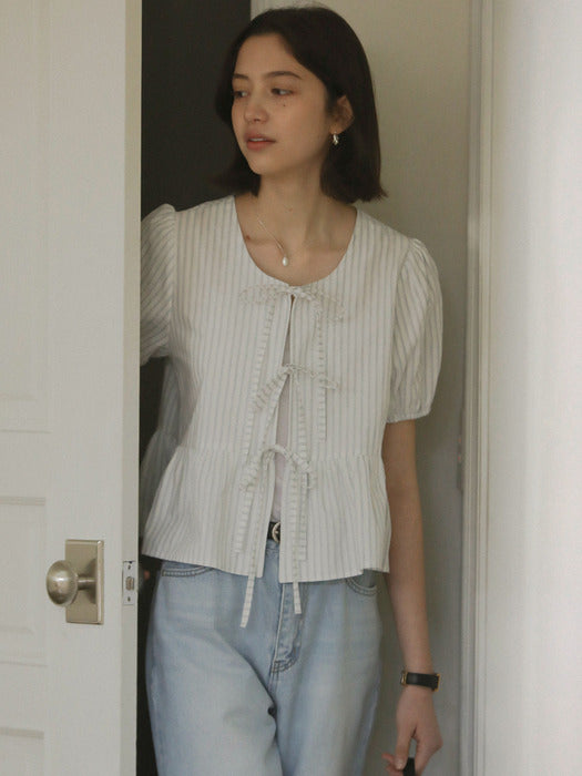 [TILLIDIE] Front ribbon point blouse_Blue