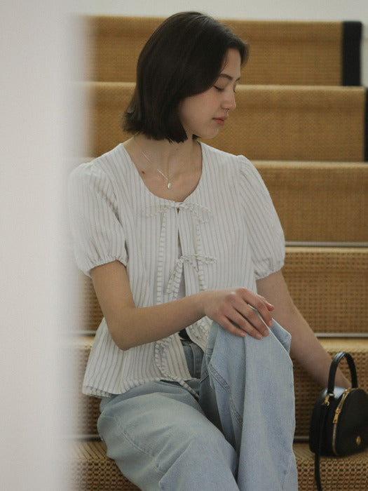 [TILLIDIE] Front ribbon point blouse_Blue