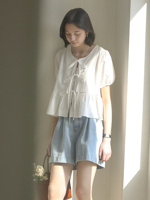 [TILLIDIE] Front ribbon point blouse_Ivory
