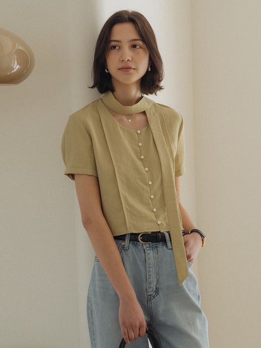 [TILLIDIE] Ivy half sleeve tied blouse_Olive