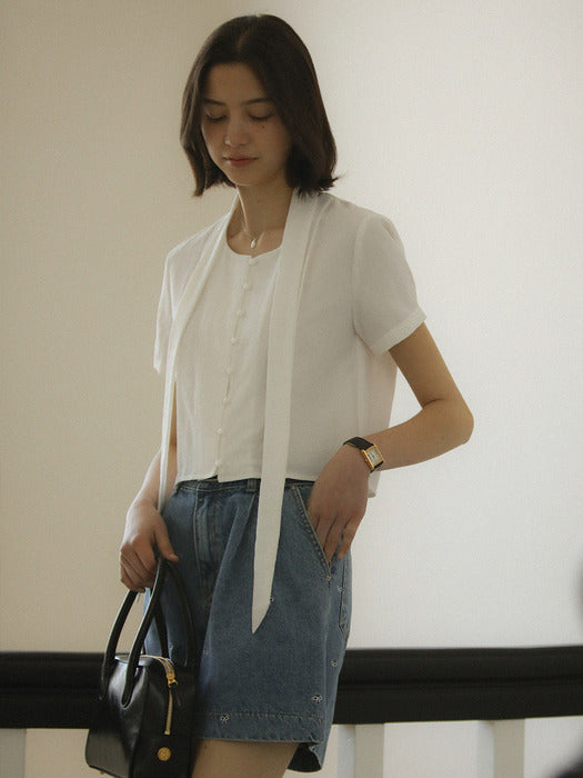[TILLIDIE] Ivy half sleeve tied blouse_Ivory