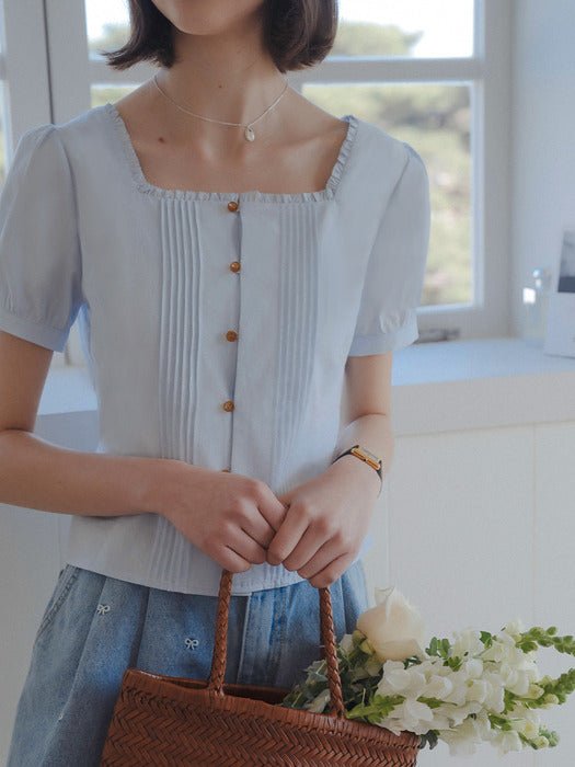 [TILLIDIE] Square neck pin tuck short sleeve blouse_Sky blue