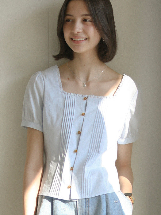 [TILLIDIE] Square neck pin tuck short sleeve blouse_Sky blue