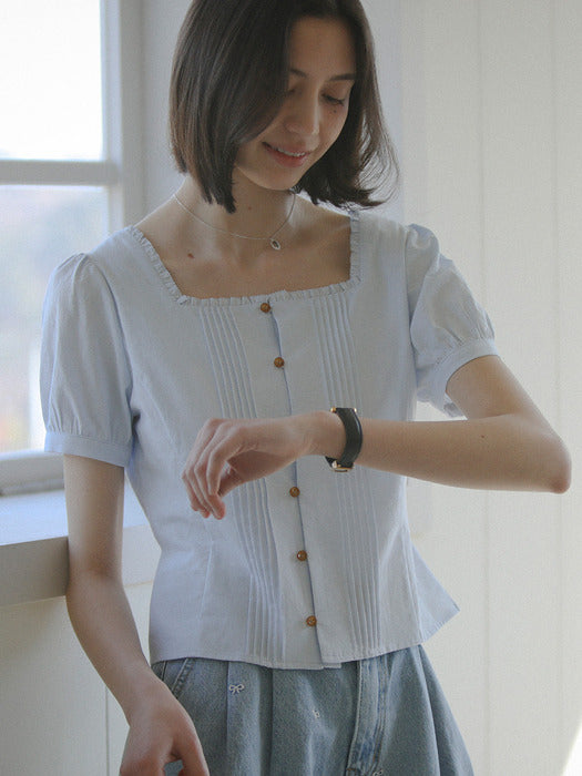 [TILLIDIE] Square neck pin tuck short sleeve blouse_Sky blue