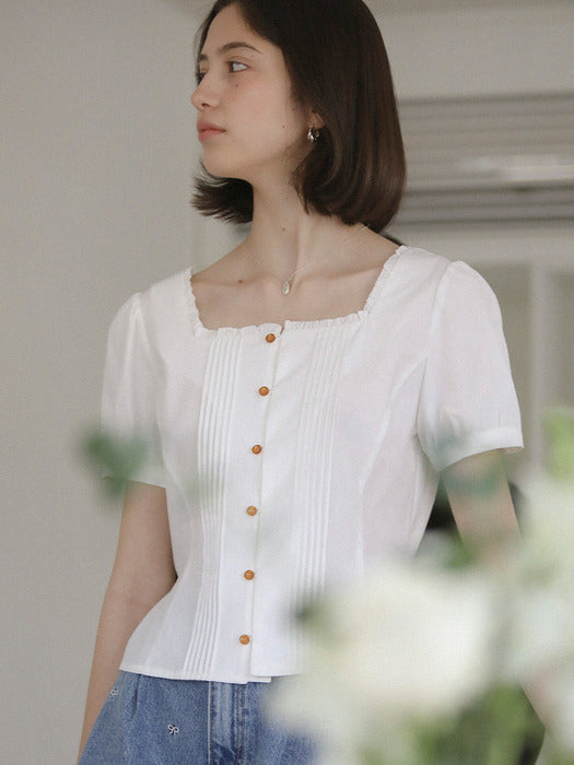 [TILLIDIE] Square neck pin tuck short sleeve blouse_Ivory