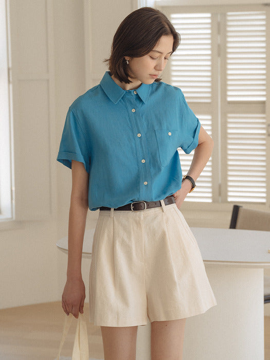 [TILLIDIE] Linen blended roll up sleeve shirt_Blue