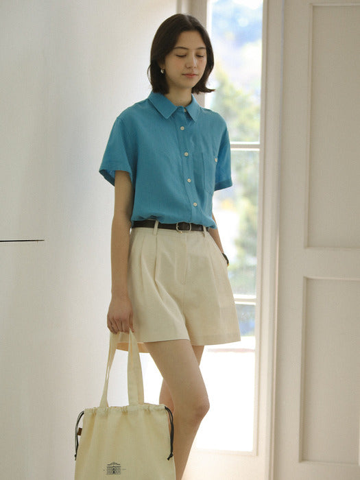 [TILLIDIE] Linen blended roll up sleeve shirt_Blue