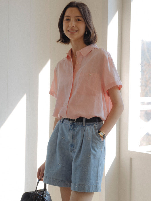 [TILLIDIE] Linen blended roll up sleeve shirt_Pink