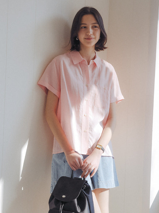 [TILLIDIE] Linen blended roll up sleeve shirt_Pink