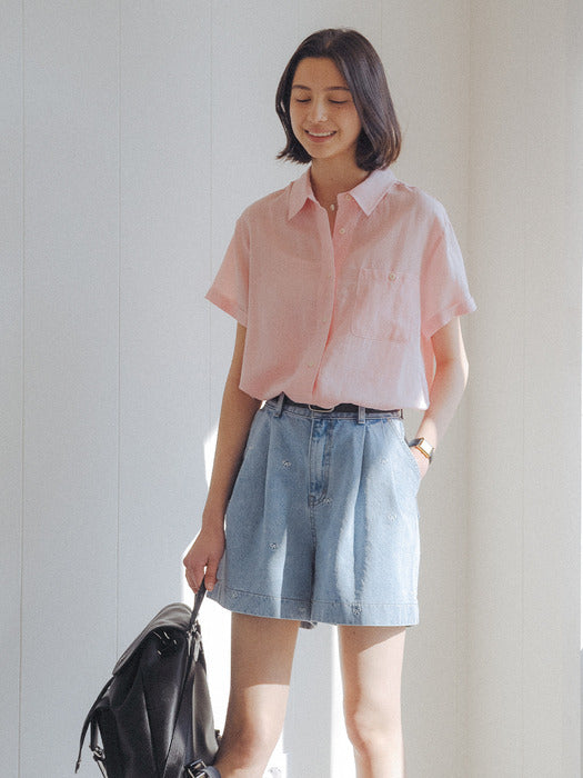 [TILLIDIE] Linen blended roll up sleeve shirt_Pink