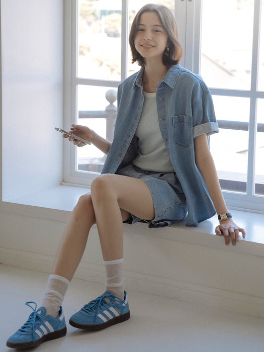 [TILLIDIE] Denim button point half shirt_Blue