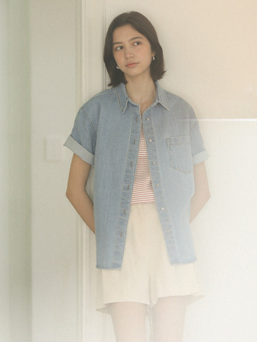[TILLIDIE] Denim button point half shirt_Blue