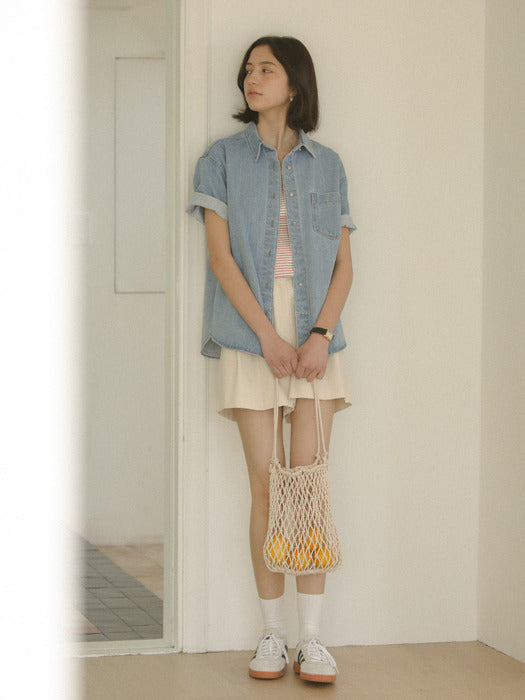 [TILLIDIE] Denim button point half shirt_Blue