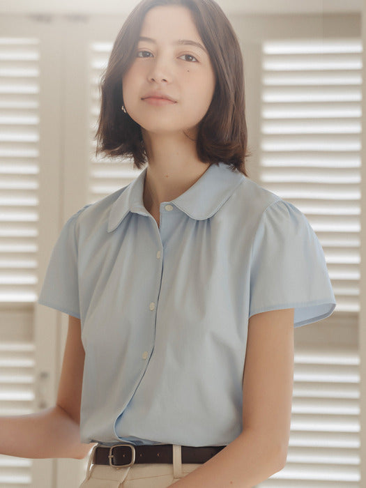 [TILLIDIE] Lace collar short sleeve shirring blouse_Blue
