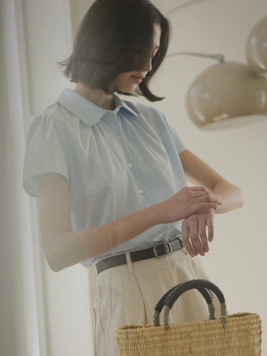 [TILLIDIE] Lace collar short sleeve shirring blouse_Blue