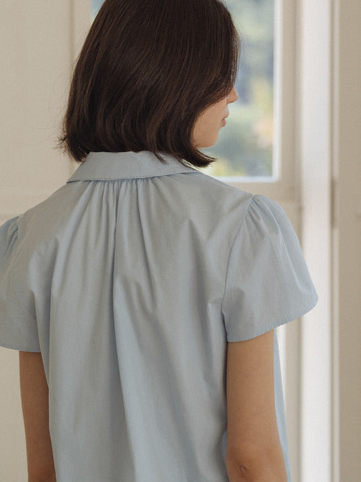 [TILLIDIE] Lace collar short sleeve shirring blouse_Blue