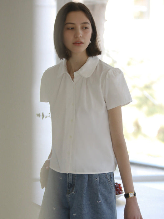[TILLIDIE] Lace collar short sleeve shirring blouse_Ivory
