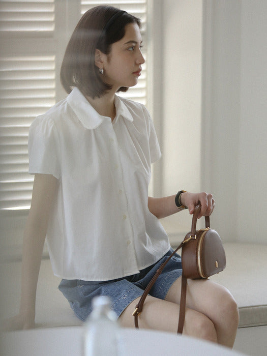 [TILLIDIE] Lace collar short sleeve shirring blouse_Ivory