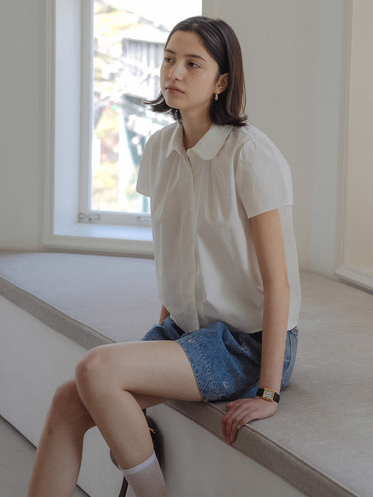 [TILLIDIE] Lace collar short sleeve shirring blouse_Ivory