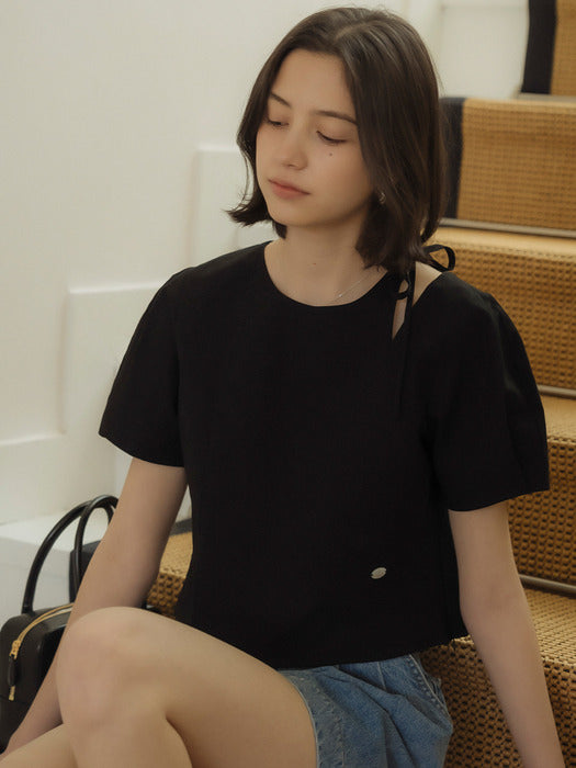 [TILLIDIE] Cut-out ribbon half sleeve blouse_Black