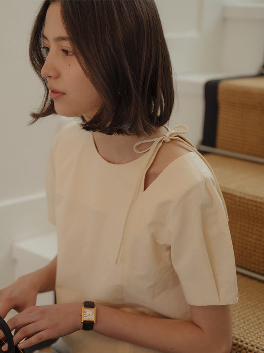 [TILLIDIE] Cut-out ribbon half sleeve blouse_Butter
