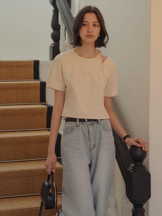 [TILLIDIE] Cut-out ribbon half sleeve blouse_Butter