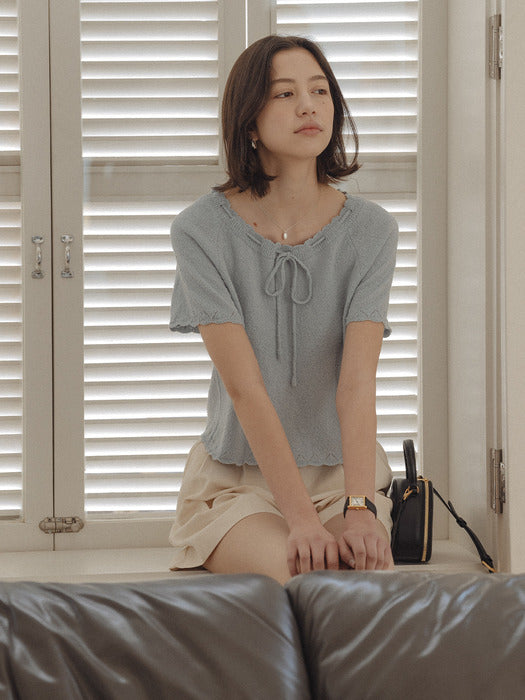 [TILLIDIE] String neck raglan half sleeve knit_Sky blue