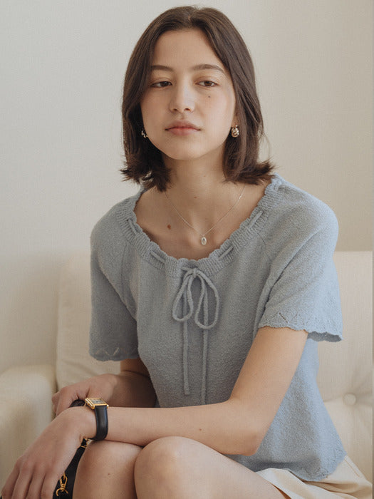 [TILLIDIE] String neck raglan half sleeve knit_Sky blue