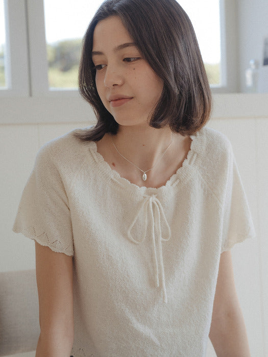 [TILLIDIE] String neck raglan half sleeve knit_Ivory
