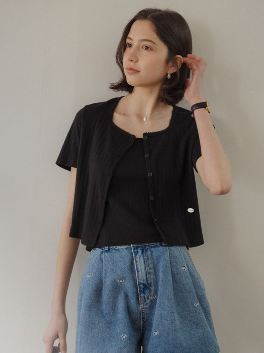 Tillidie Sleeveless set half sleeve eyelet cardigan Black