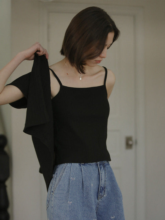 [tillidie] Sleeveless set half sleeve eyelet cardigan_Black
