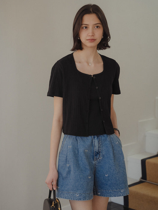 [tillidie] Sleeveless set half sleeve eyelet cardigan_Black