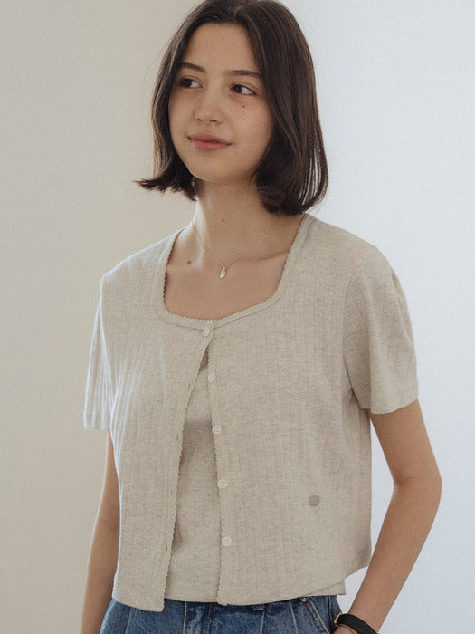 [TILLIDIE] Sleeveless set half sleeve eyelet cardigan_Oatmeal