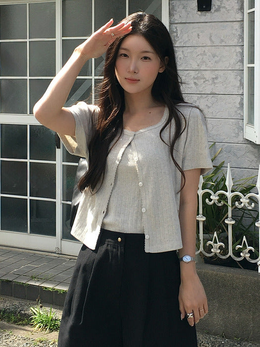 Tillidie Sleeveless Set Half Sleeve Eyelet Cardigan Oatmeal
