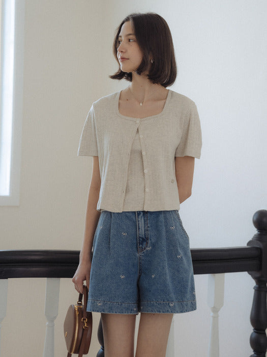 Tillidie Sleeveless Set Half Sleeve Eyelet Cardigan Oatmeal