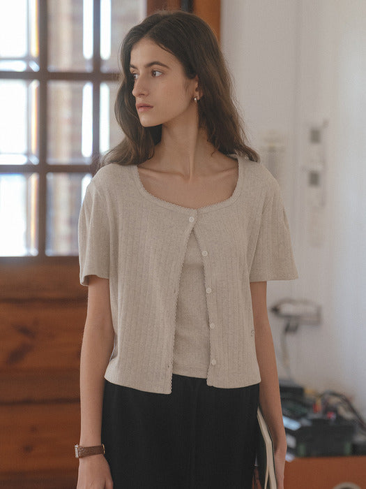 Tillidie Sleeveless Set Half Sleeve Eyelet Cardigan Oatmeal