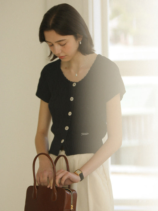 [TILLIDIE] Premium cotton cable half sleeve cardigan_Navy