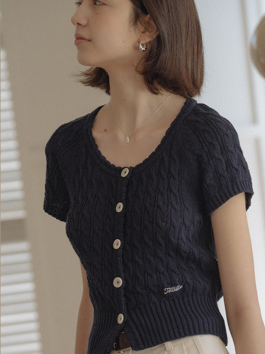 [TILLIDIE] Premium cotton cable half sleeve cardigan_Navy