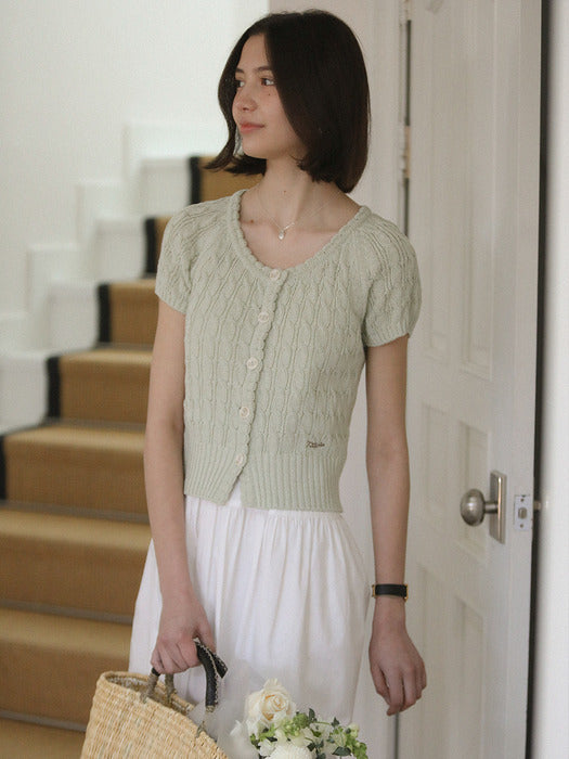 [TILLIDIE] Premium cotton cable half sleeve cardigan_Olive mint