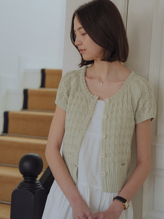 [TILLIDIE] Premium cotton cable half sleeve cardigan_Olive mint
