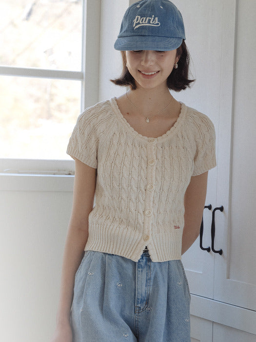 [TILLIDIE] Premium cotton cable half sleeve cardigan_Cream