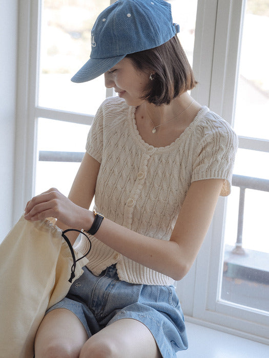 [TILLIDIE] Premium cotton cable half sleeve cardigan_Cream