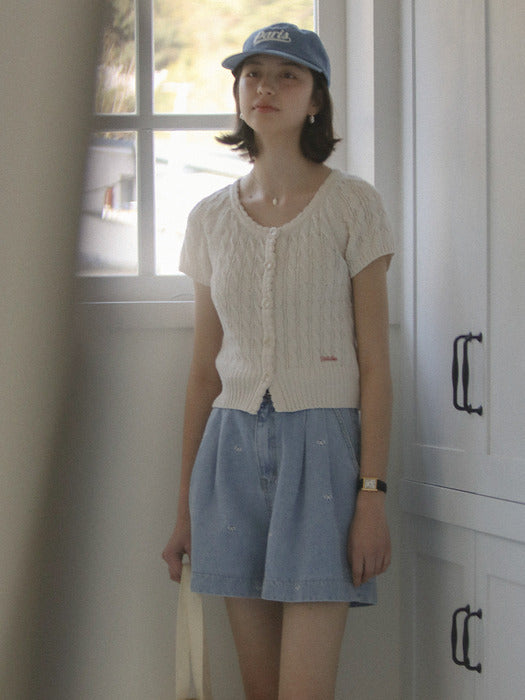 [TILLIDIE] Premium cotton cable half sleeve cardigan_Cream