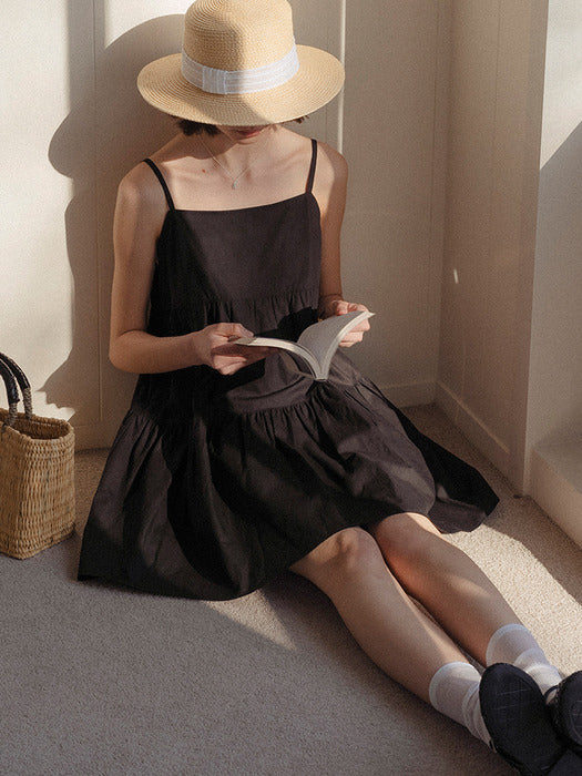 [TILLIDIE] Tiered shirring slip mini dress_Black
