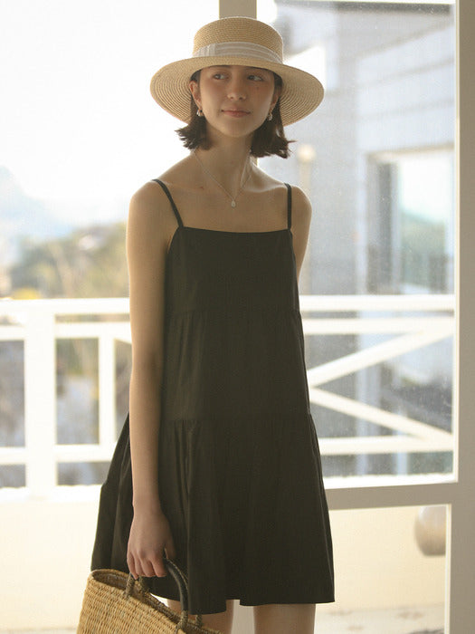[TILLIDIE] Tiered shirring slip mini dress_Black