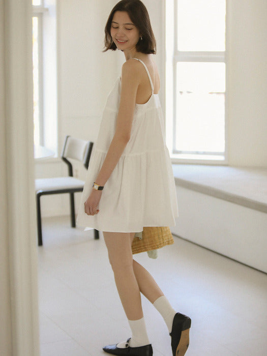 [TILLIDIE] Tiered shirring slip mini dress_Ivory