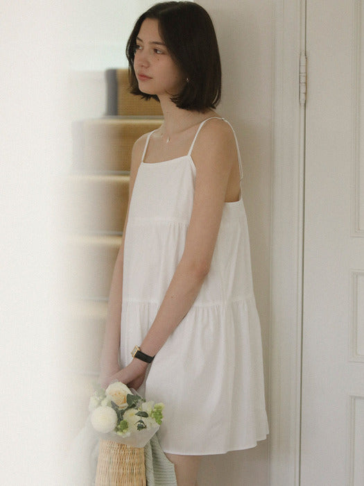 [TILLIDIE] Tiered shirring slip mini dress_Ivory