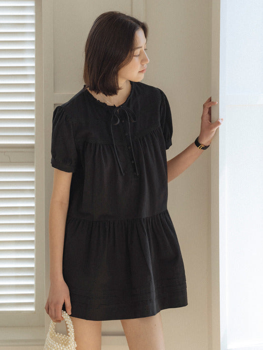 [TILLIDIE] Lace taping washing cotton dress_Black