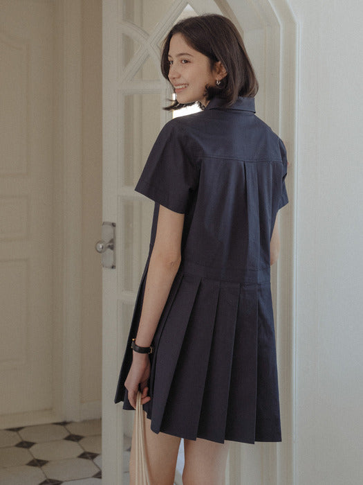 [TILLIDIE] Pleats point half sleeve collar OPS_Navy