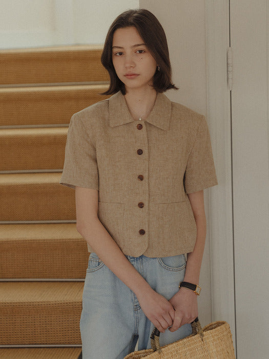 [TILLIDIE] Check linen half sleeve jacket_Brown